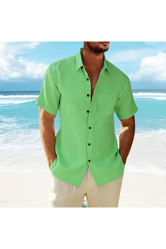 Men's Short Sleeve Button Down Shirts Textured Summer Beach Casual Shirt with Pocket