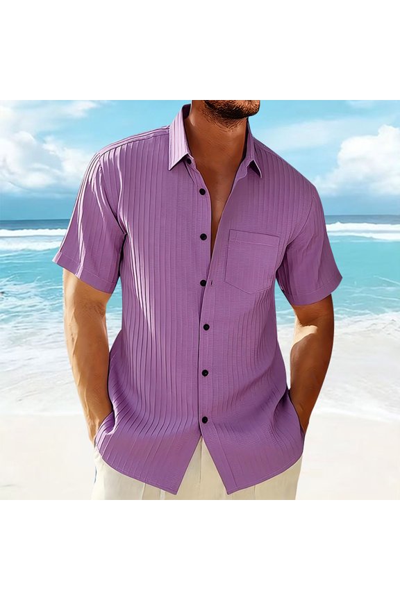 Men's Short Sleeve Button Down Shirts Textured Summer Beach Casual Shirt with Pocket