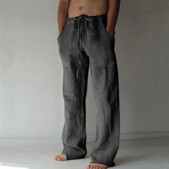 WIZUTIZ Men's Soft Linen Pants Elastic Waist Drawstring Beach Wide Leg Lightweight Breathable Pants with Pockets Casual Solid Full Length Trousers