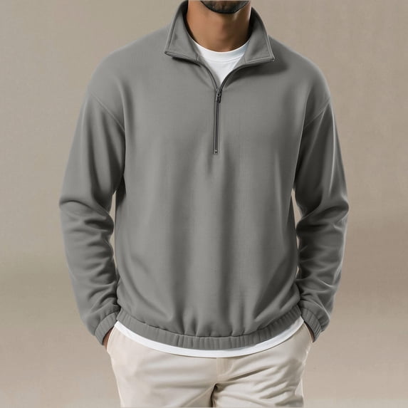 WIZUTIZ Men's Solid Color Half Zip Stand Collar Sweatshirt Long Sleeve Casual Sports Top Winter