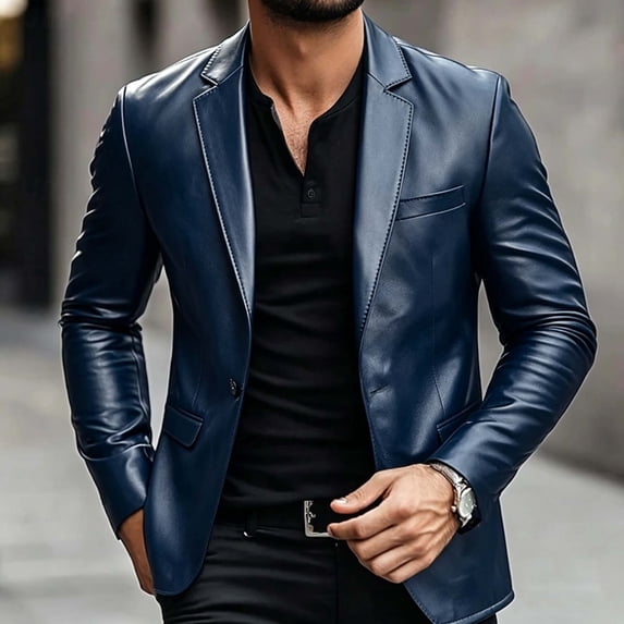 WIZUTIZ Men's Solid Color Leather Suit Jacket Single Breasted One Button Coat with Inner Pocket for Formal Casual