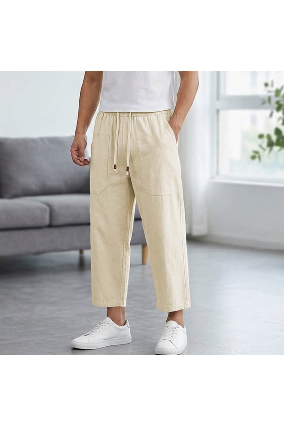 Men's Straight Leg Capris Cotton Feel Elastic Waist Large Cargo Pocket Cropped Pants Hemp Blend Drawstring Relaxed Fit for Outdoor Daily Leisure Mens Fashion