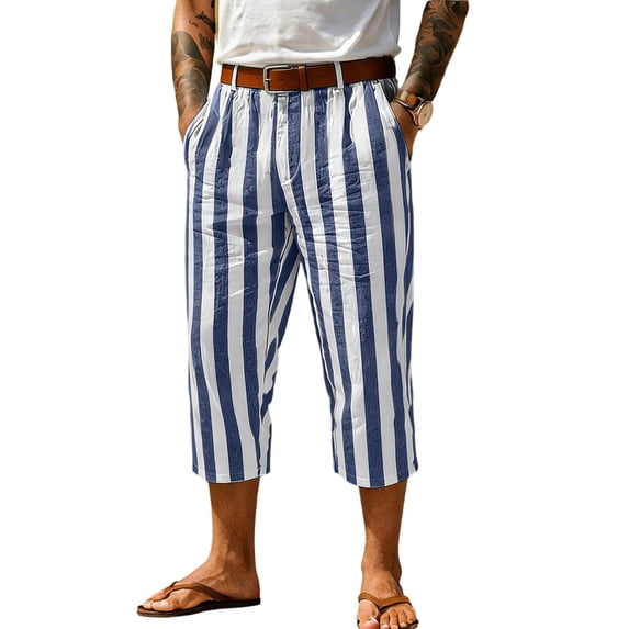 WIZUTIZ Men's Striped Linen Cropped Pants Elastic Waist Button Fly Pockets Summer Casual Loose Fit Breathable Lightweight Comfortable Trousers