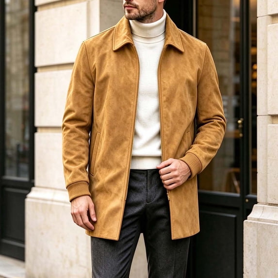 WIZUTIZ Men's Suede Mid Length Trench Coat Full Zip Stand Collar Jacket with Pockets Fall Winter Fashion Outerwear