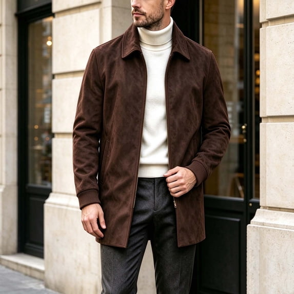 WIZUTIZ Men's Suede Mid Length Trench Coat Full Zip Stand Collar Jacket with Pockets Fall Winter Fashion Outerwear