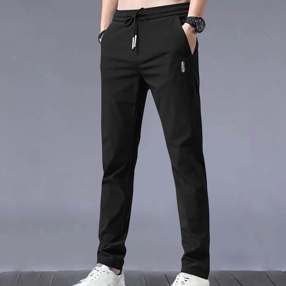 WIZUTIZ Men’s Summer Pants Drawstring Elastic Waist Straight Leg Casual Trousers with Pockets Solid Classic Lightweight Long Pants