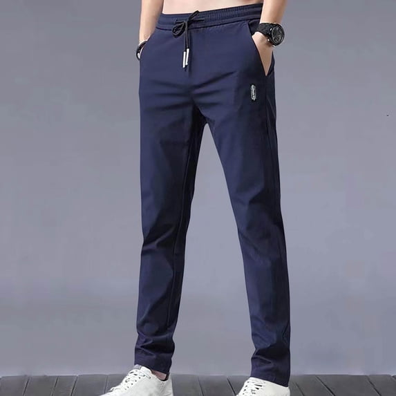 WIZUTIZ Men’s Summer Pants Drawstring Elastic Waist Straight Leg Casual Trousers with Pockets Solid Classic Lightweight Long Pants