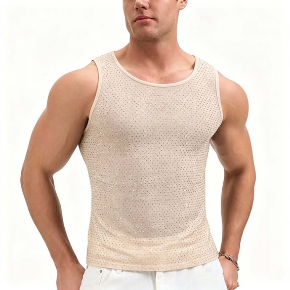 WIZUTIZ Men's Tank Tops Party Sequin Fishnet Hollow Out Sheer Breathable Tank Tops Camisole Waistcoat Nightclub Summer Sleeveless Top