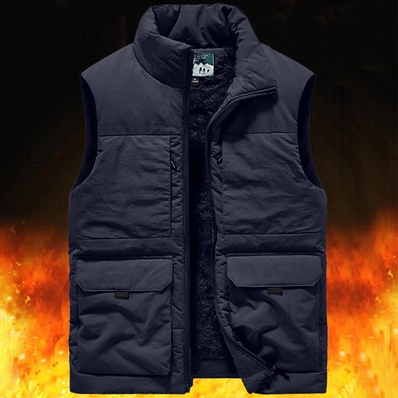 WIZUTIZ Men's Thermal Vest Solid Color Zip Multi-Pocket Stand Collar Fleece Lined Thick Sleeveless Jacket for Winter Spring Outdoor Work Daily Wear
