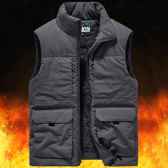 WIZUTIZ Men's Thermal Vest Solid Color Zip Multi-Pocket Stand Collar Fleece Lined Thick Sleeveless Jacket for Winter Spring Outdoor Work Daily Wear