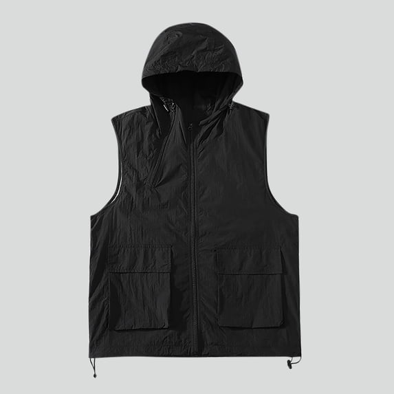 WIZUTIZ Men's Utility Hooded Vest Solid Color Chest Pocket Drawstring Hood Sleeveless Quick Dry Breathable Lightweight Relaxed Fit Summer Casual Top Active Sleeveless Vest