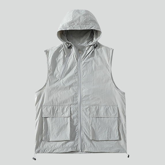 WIZUTIZ Men's Utility Hooded Vest Solid Color Chest Pocket Drawstring Hood Sleeveless Quick Dry Breathable Lightweight Relaxed Fit Summer Casual Top Active Sleeveless Vest