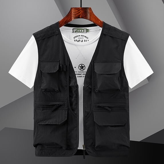 WIZUTIZ Men's Utility Vest Quick Dry Thin Breathable Stand Collar Full-Zip Sleeveless Multi-Pocket Lightweight Summer Outdoor Tops Casual Mountaineering Vest