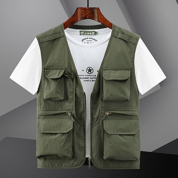 WIZUTIZ Men's Utility Vest Quick Dry Thin Breathable Stand Collar Full-Zip Sleeveless Multi-Pocket Lightweight Summer Outdoor Tops Casual Mountaineering Vest