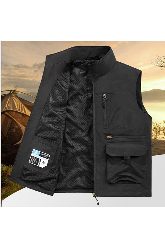 Men's Utility Vest Solid Color Lapel Button Front Multi-Pocket Sleeveless Thin Lightweight Breathable Summer Outdoor Casual Work Waistcoat