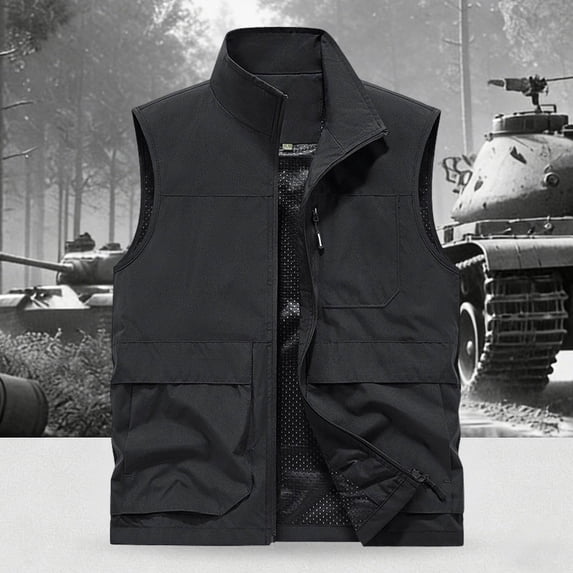 WIZUTIZ Men's Utility Vest Solid Color Stand Collar Full-Zip Sleeveless Multi-Pocket Lightweight Breathable Summer Outdoor Tops Casual Vest