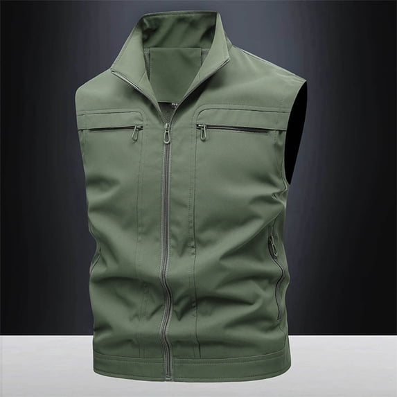 WIZUTIZ Men's Utility Vest Solid Color Turndown Collar Full-Zip Sleeveless Multi-Pocket Lightweight Breathable Outdoor Photography Fishing Tops Casual Work Vest