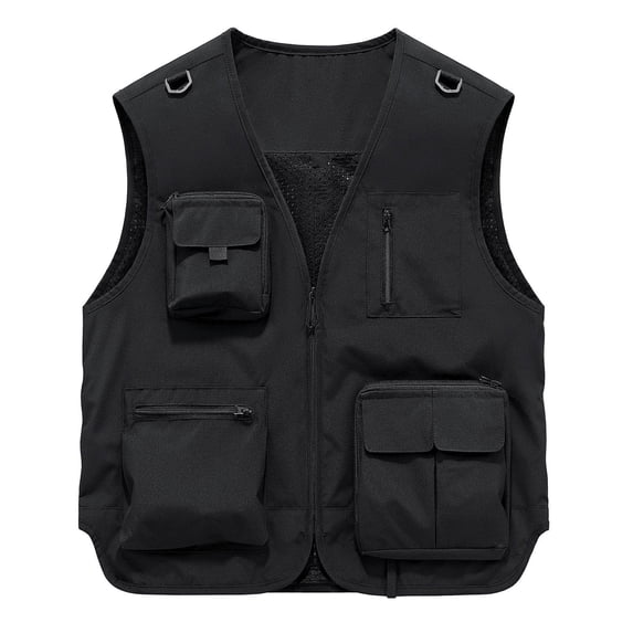 WIZUTIZ Men's Utility Vest Solid Color V-Neck Sleeveless Multi-Pocket Zipper Closure Breathable Lightweight Outdoor Travel Work Photo Vest