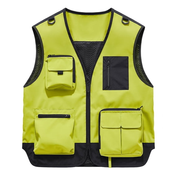 WIZUTIZ Men's Utility Vest Solid Color V-Neck Sleeveless Multi-Pocket Zipper Closure Breathable Lightweight Outdoor Travel Work Photo Vest