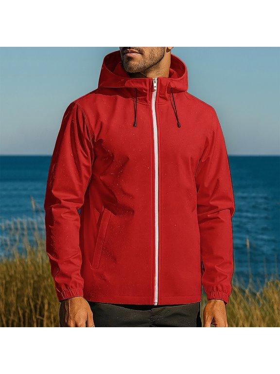 Men's Windbreaker Jacket Spring Fall Thin Outdoor Mountaineering Riding Windproof Water-Repellent Long Sleeve Hooded Polyester Coat