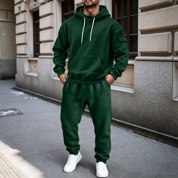 WIZUTIZ Men's Winter Set Solid Color Hooded Sweatshirt Long Sleeve Zippered Pocket Top Elastic Waist Cuffed Sweatpants Two-Piece Outfit Polyester for Outdoor Sports Daily Casual Mens Fashion