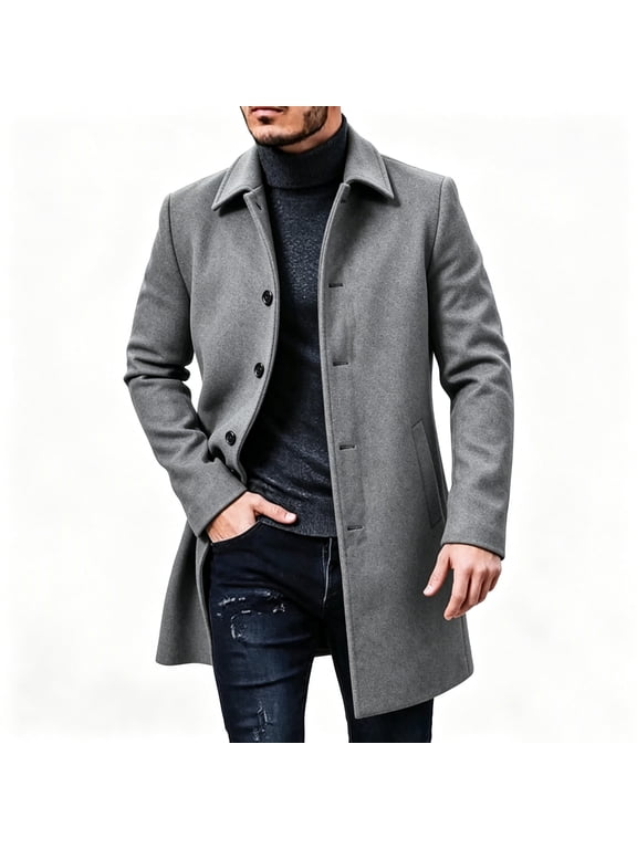 Men's Wool Blend Button Up Overcoat Lapel Collar Fall Winter Warm Mid Length Long Coat