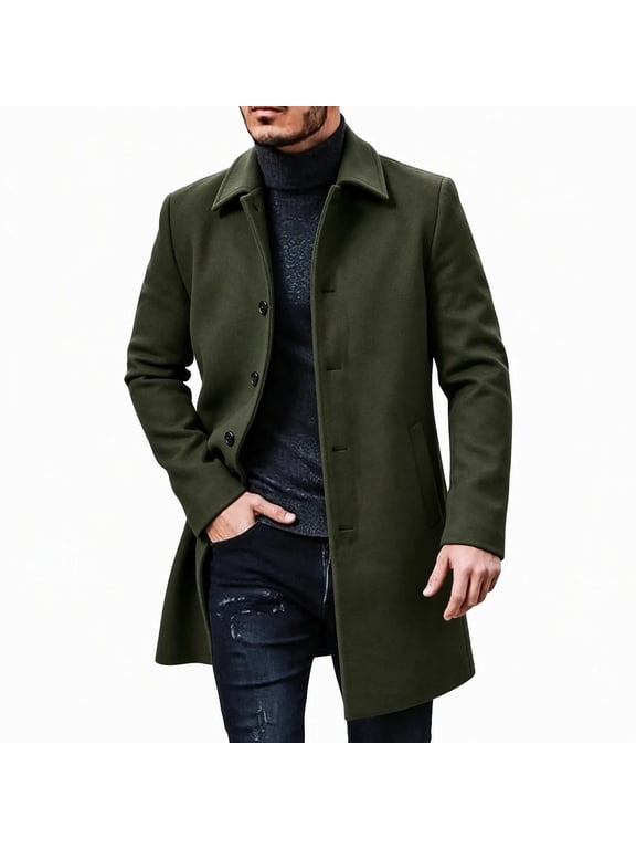 Men's Wool Blend Button Up Overcoat Lapel Collar Fall Winter Warm Mid Length Long Coat
