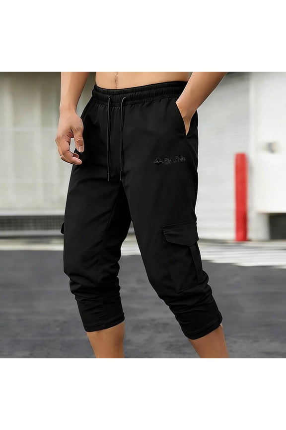 Mens 3/4 Pants Workout Jogger Yoga Capri Pants Drawstring Elastic Waist Pant with Multi Pockets for Running