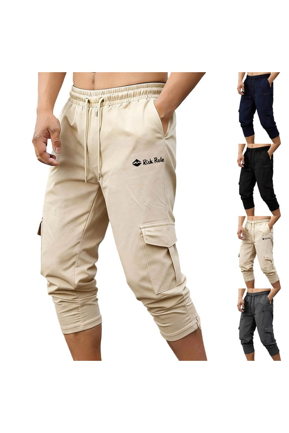 Mens 3/4 Pants Workout Jogger Yoga Capri Pants Drawstring Elastic Waist Pant with Multi Pockets for Running