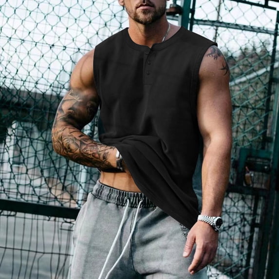 WIZUTIZ Mens Button Henley Shirt Muscle Tank Tops Sleeveless Henley Shirts Muscle Fit V Neck Button Down Tank Top for Men