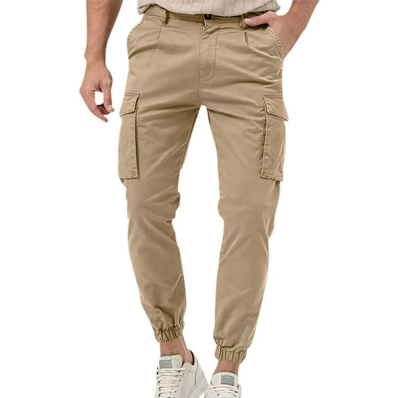 WIZUTIZ Mens Cargo Jogger Pants Slim Fit Stretch Zipper Pockets Thick Cotton for Men