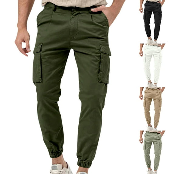 WIZUTIZ Mens Cargo Jogger Pants Slim Fit Stretch Zipper Pockets Thick Cotton for Men
