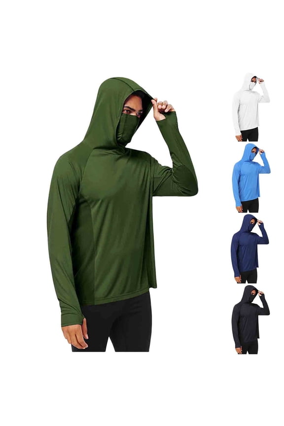 Mens Compression Sun Shirts Hoodie with Mask Long Sleeve Running Base Layer Top Outdoor Fishing Sports Undershirts