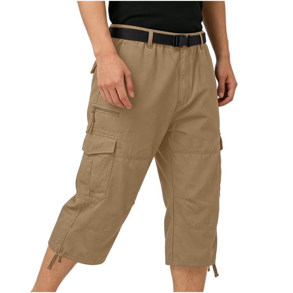 WIZUTIZ Mens Cotton Cargo Capri Shorts, Button-Zipper Closure, Casual Straight Fit Work Hiking Trousers with Multi-Pockets