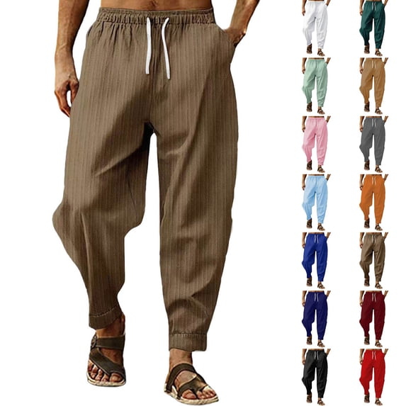 WIZUTIZ Mens Cotton Linen Pants Solid Textured Harem Pants Casual Lightweight Breathable Loose Beach Trousers Summer Spring
