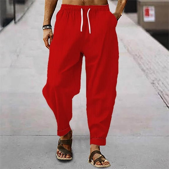 WIZUTIZ Mens Cotton Linen Pants Solid Textured Harem Pants Casual Lightweight Breathable Loose Beach Trousers Summer Spring