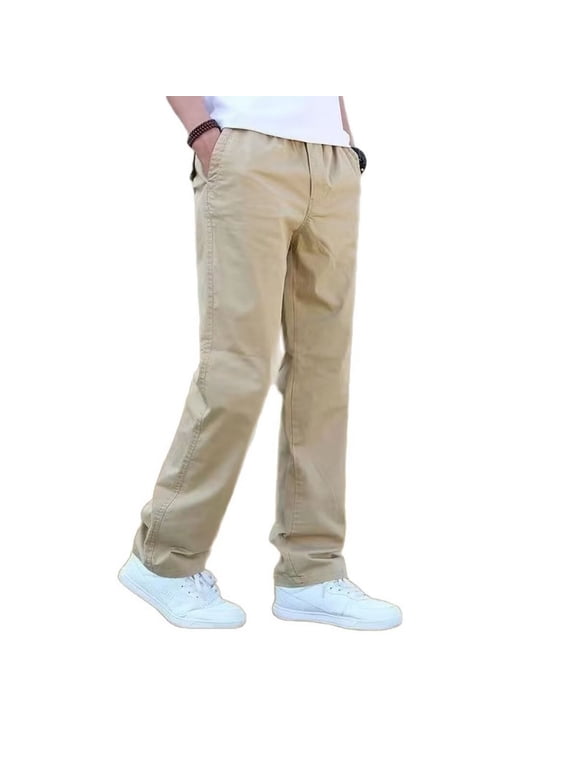Mens Elastic Waist Straight Leg Pants Baggy Pull On Work Casual Pants Fashion Stretch Lightweight Solid Trousers