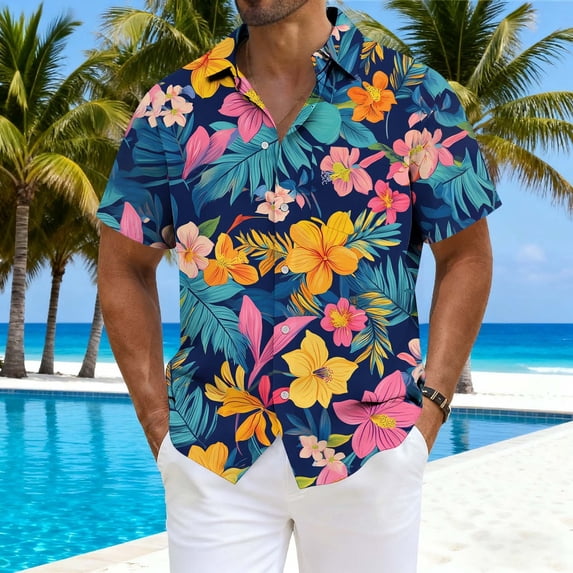 WIZUTIZ Mens Floral Hawaiian Shirts Stylish Tropical Beach Vacation Short Sleeve Tops Casual Collared Button Down Shirt