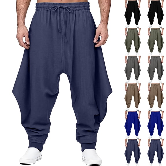 WIZUTIZ Mens Hip Harem Pants Baggy Elastic Waist Drawstring Hippie Trousers Comfy Cotton Linen Plus Size Casual Pant
