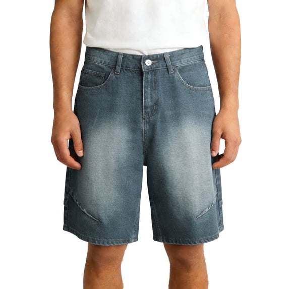 WIZUTIZ Mens Jorts Baggy Jean Shorts Mid Waist Vintage Summer Denim Short Classic Relaxed Fit Big Tall Short with Pocket