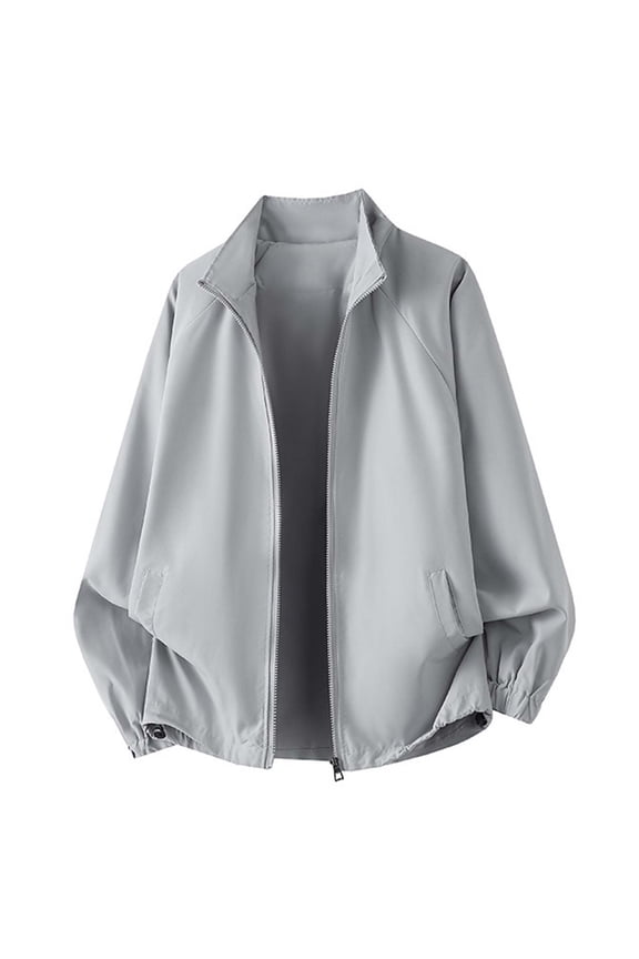 Mens Lightweight Solid Color Trucker Jacket Casual Oversized Bomber Jacket Long Sleeve Stand Collar Hiking Jackets