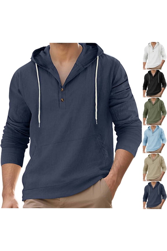 Mens Linen Henley Hoodies Long Sleeve Button Down Sweatshirts Drawstring Casual Beach Pullover Tops Fall Fashion Shirt