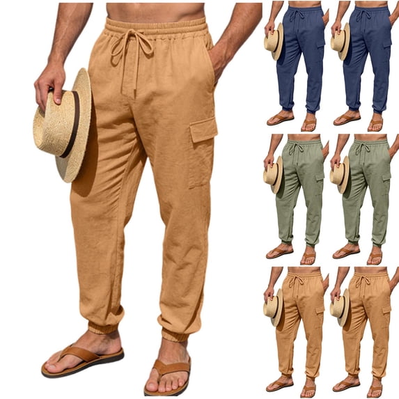 WIZUTIZ Mens Linen Pants Elastic Waist Drawstring Loose Casual Beach Pants Outdoor Sports Breathable Joggers with Pockets