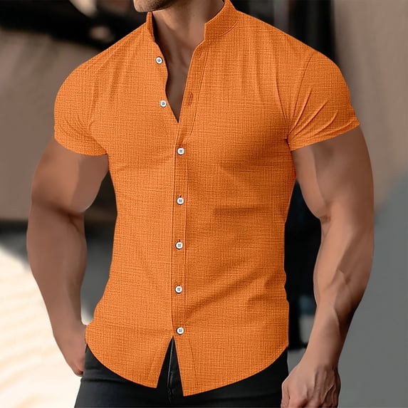 WIZUTIZ Mens Muscle Dress Shirts Short Sleeve Button Down Collar Business Work T Shirt Lightweight Stretch Summer Tee
