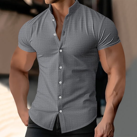 WIZUTIZ Mens Muscle Dress Shirts Short Sleeve Button Down Collar Business Work T Shirt Lightweight Stretch Summer Tee