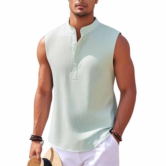 WIZUTIZ Mens Muscle Tank Tops Summer Button Down Sleeveless Henley Tee Shirts Casual Slim Fit Textured Beach Vacation Shirt