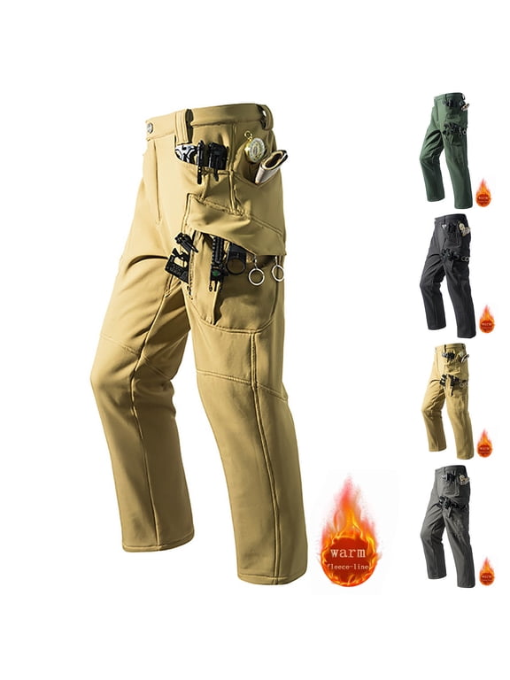 Mens Pants Fleece Lined Thermal Cargo Pants Ripstop Water Resistant Outdoor Work Hiking Pant with Pockets