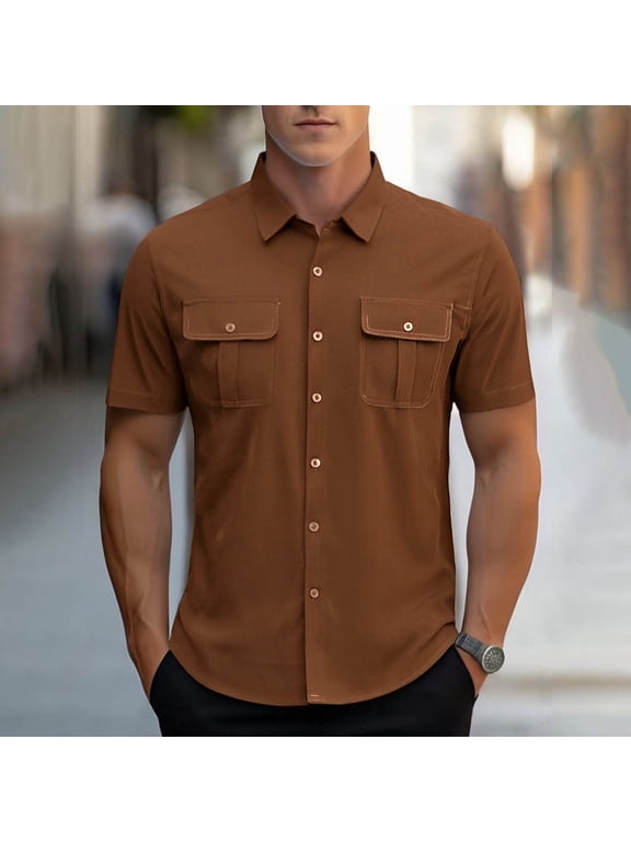 Mens Shirts Western Snap Short Sleeve Tops Casual Two Pockets Corduroy Classic Work T Shirts Solid Dressy Tees