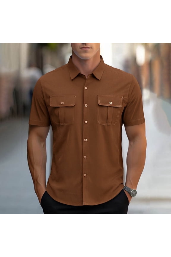Mens Shirts Western Snap Short Sleeve Tops Casual Two Pockets Corduroy Classic Work T Shirts Solid Dressy Tees