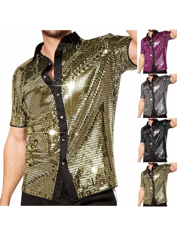 Mens Sparkly Sequin Shirt 70s Disco Short Sleeve Tops Button Down Vintage Shiny Costume Shirts Party Disco Outfits